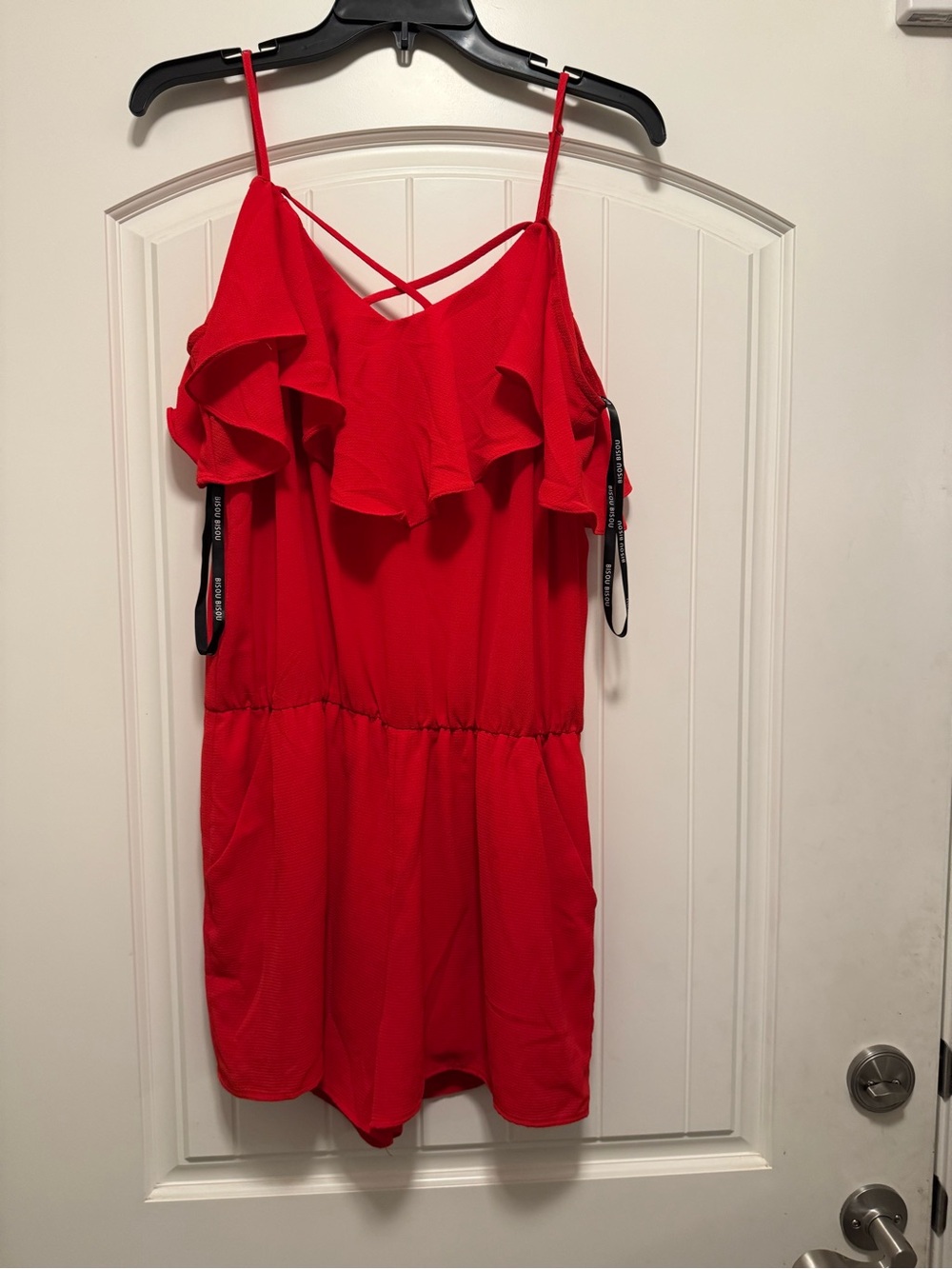 Bisou Bisou Red Ruffled Cold-Shoulder Cami Romper - Size 12